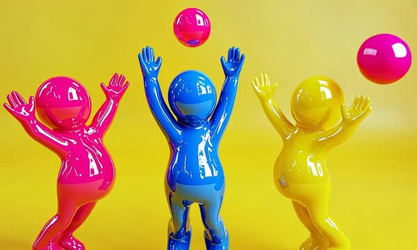Colorful abstract figures joyfully bouncing balls against a vibrant yellow backdrop