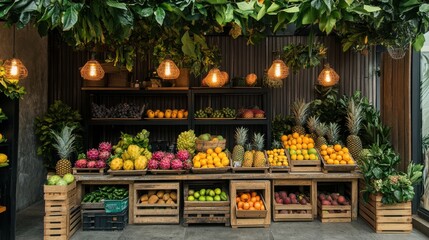 A vibrant fruit stall at an outdoor market, neatly arranged with fresh tropical fruits like mangoes, pineapples, and dragon fruits, set on rustic wooden crates with soft natural lighting.