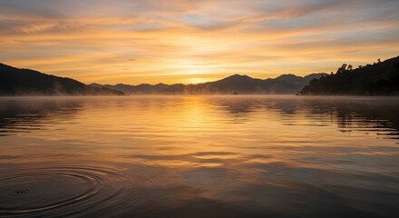 Fototapeta premium Golden Sunrise Reflections on Danau Toba’s Calm Waters in Sumatra Utara