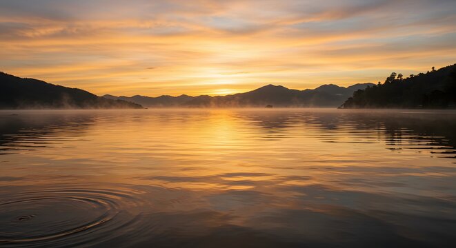 Golden Sunrise Reflections on Danau Toba&rsquo;s Calm Waters in Sumatra Utara