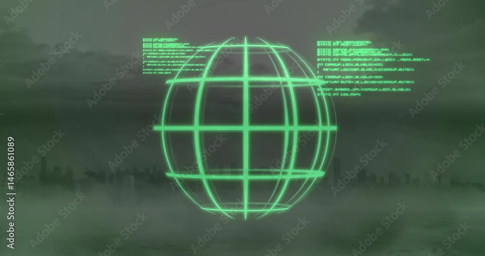 Poster neon green holographic globe floating over misty river while code text blocks hovering around