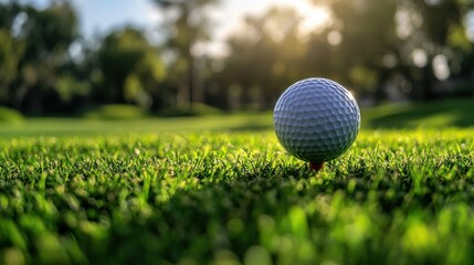 A close-up of a golf ball on a tee, ready for a swing on a lush green golf course, with soft sunlight highlighting its dimples and the surrounding grass.