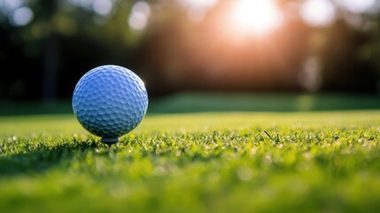 A close-up of a golf ball on a tee, ready for a swing on a lush green golf course, with soft sunlight highlighting its dimples and the surrounding grass.