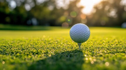 A close-up of a golf ball on a tee, ready for a swing on a lush green golf course, with soft sunlight highlighting its dimples and the surrounding grass.
