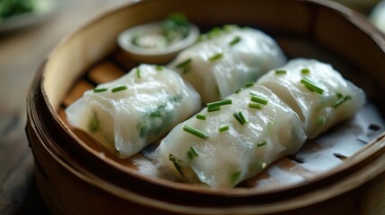 A close-up of freshly made bamboo steamer, showing the delicate translucent skin with green chives visible inside, placed on a rustic wooden