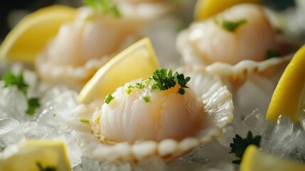 A close-up of fresh raw scallops on a bed of crushed ice, garnished with lemon wedges and parsley, with soft lighting emphasizing their natural texture and freshness.