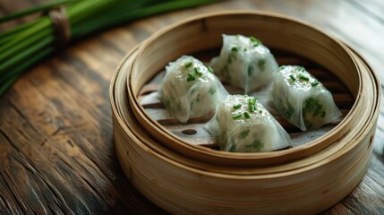 A close-up of freshly made bamboo steamer, showing the delicate translucent skin with green chives visible inside, placed on a rustic wooden