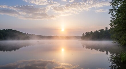 Obraz premium Peaceful Sunrise over Misty Lake with Golden Sunlight