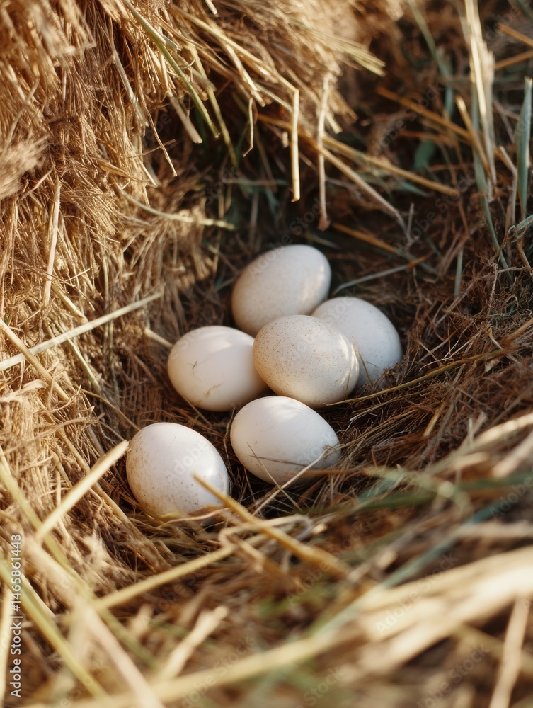Poster half-buried eggs nestled in a cozy pile of hay under natural lighting during a sunny afternoon gener