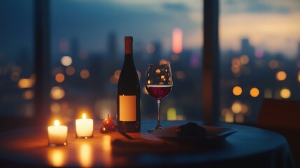 A romantic dinner setup with a bottle of wine, two glasses, and candlelight on a table, with a blurred cityscape in the background, evoking a sense of luxury and intimacy.