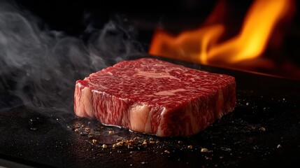 A premium Wagyu beef steak being cooked to perfection over an open flame, with juices dripping onto the grill, flames rising, and a dark moody background adding to the drama.