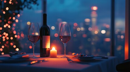 A romantic dinner setup with a bottle of wine, two glasses, and candlelight on a table, with a blurred cityscape in the background, evoking a sense of luxury and intimacy.