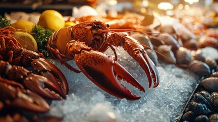 A seafood display at a coastal fish market, featuring lobsters, crabs, and shellfish on a bed of ice, with natural lighting reflecting on their fresh, glistening surfaces.