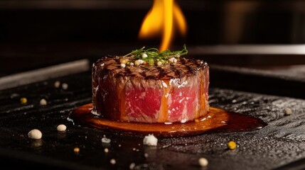 A premium Wagyu beef steak being cooked to perfection over an open flame, with juices dripping onto the grill, flames rising, and a dark moody background adding to the drama.