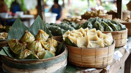 A traditional Thai street food stall showcasing steamed to perfection with glistening dumplings placed neatly in a bamboo basket, ready to be served.