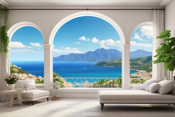 Charming Mediterranean Coastline View from an Amalfi Room on a Bright Summer Day