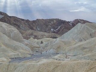 A view of Gower Gulch from the hiking trails in Zabriskie Point shows the various colors of minerals and sediments in the bottom and surrounding hills