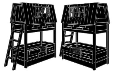 Children's Bunk Bed Vector. Illustration Of A Double-Decker Bed Which Looks Like A Tree House In A Child's Room Isolated On A White Background.