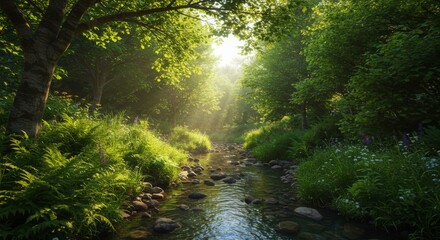 Fototapeta premium Sunlit Forest Stream: Lush Green Trees and Tranquil Water