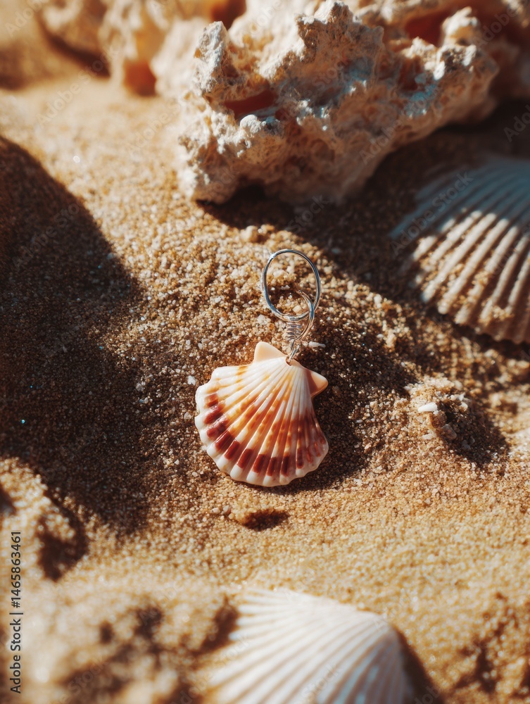 Aufkleber Seashell Earring Resting on Soft Sand Amidst Scattered Shells in a Sunlit Coastal Environment Generative AI