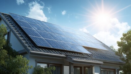 Fototapeta premium Home with solar panels under bright sky