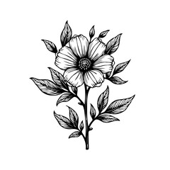 Botanical illustration of a blooming flower with detailed leaves and stem