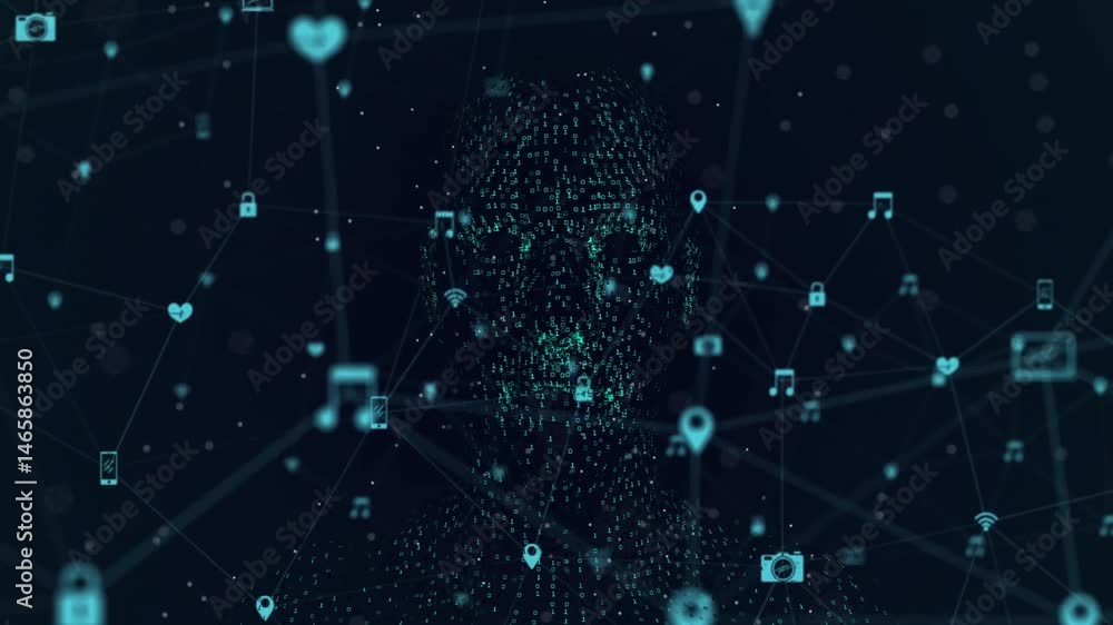 Poster forming 3d head silhouette from binary flow connecting floating tech icons in dark network space