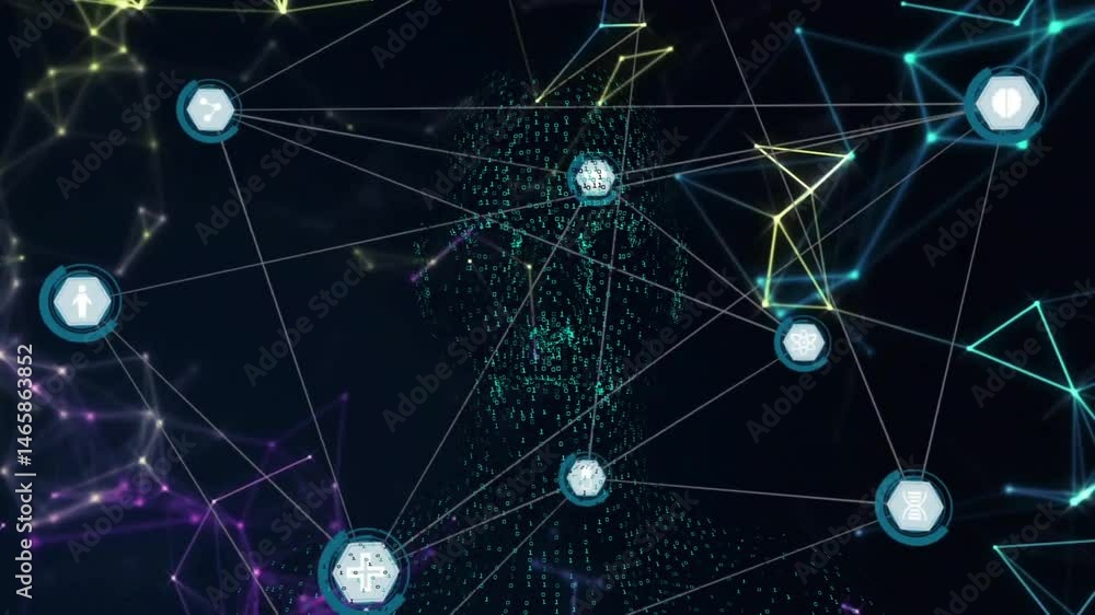 Poster 3d render showing network connecting glowing hex icons, streaming binary digits forming human form