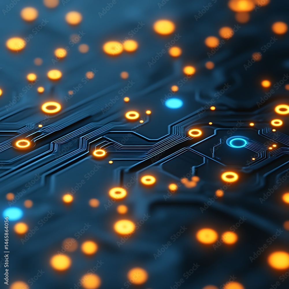 Poster high-tech circuit board with glowing components. detailed close-up view of intricate electronic path