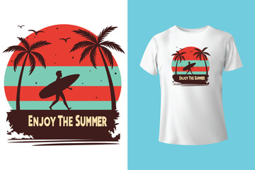 Naklejka premium 90s Retro Style Surfing Design with Sunset Rays and Palm Silhouette – Vintage Beach Art