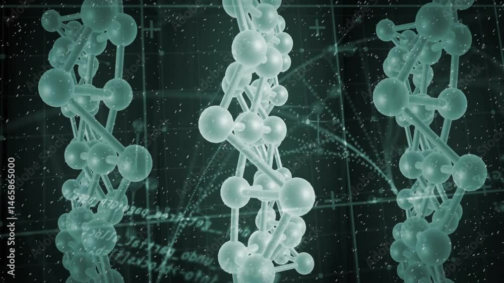Poster teal molecular helices floating in 3d render grid interface, featuring glowing data overlays