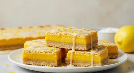 Yellow Lemon Bars with Glaze on White Plate