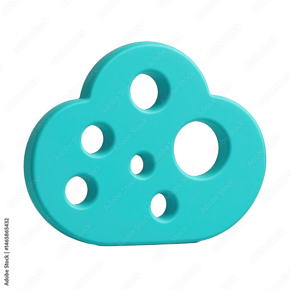 Poster a bright cyan three-dimensional cloud shape featuring multiple circular holes in a distinct porous d