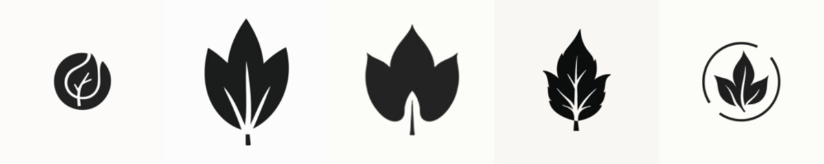 Obraz premium Minimalist Black Leaf Silhouette Icons Set – Modern Eco Nature Symbol Collection for Logos and Design