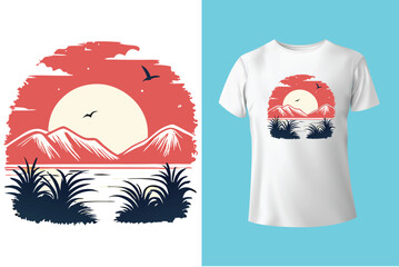 Retro Summer T-Shirt Design with Surfer, Palm Trees and Sunset Typography - Enjoy the Summer