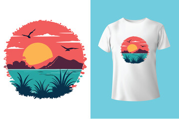 Retro Summer T-Shirt Design with Surfer, Palm Trees and Sunset Typography - Enjoy the Summer