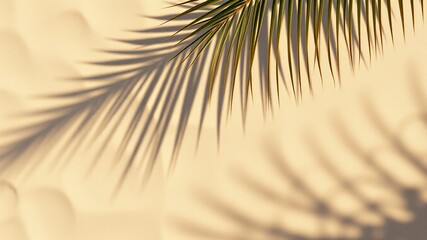 Obraz premium A vibrant green palm frond casts a long shadow on a warm beige sandy beach background creating a summery tropical vibe.
