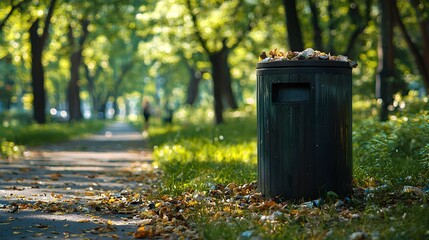 Overflowing trash can in a lush wooded park