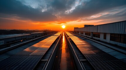 Obraz premium Sunrise casting golden hues across rows of solar panels on rooftops, futuristic eco-energy mood with vibrant detail