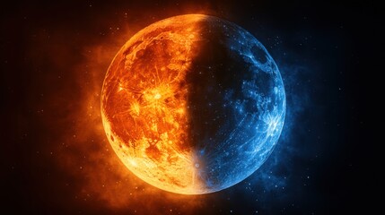 Fototapeta premium Stunning Duality of Moon with Fiery Orange and Cool Blue Colors