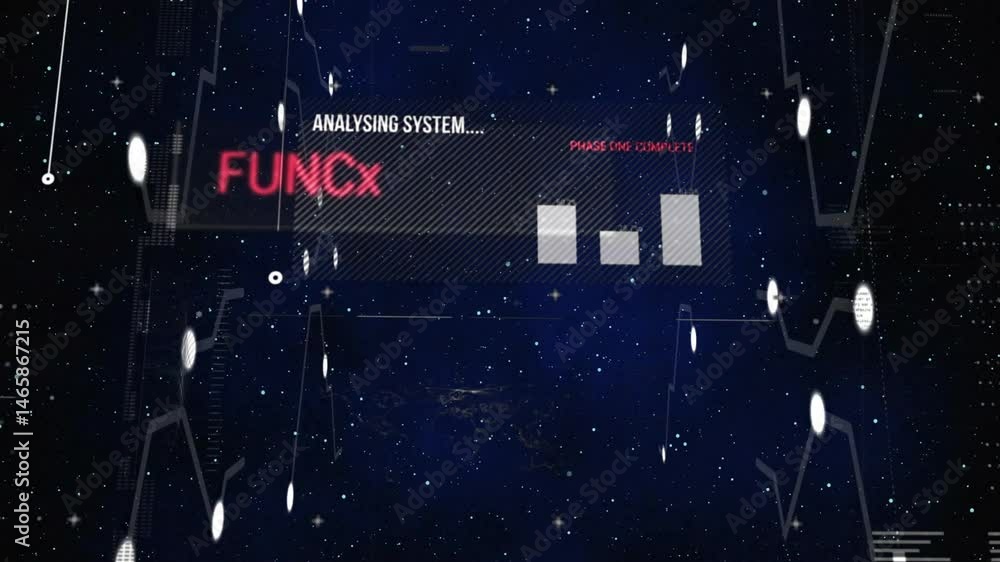 Poster high-tech digital interface animating on starfield backdrop, panels, glowing nodes, scrolling code