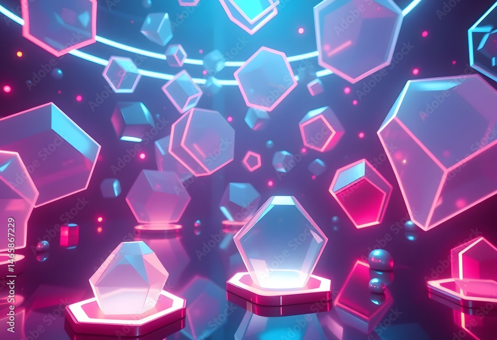 Fototapete abstract futuristic scene of holographic shapes, dynamic lighting with neon glow, creating a vibrant