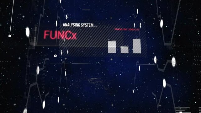 High-tech digital interface animating on starfield backdrop, panels, glowing nodes, scrolling code