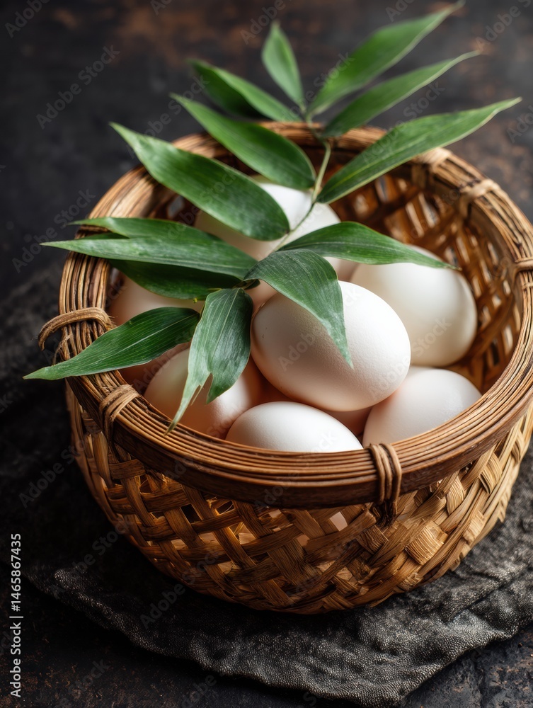 Leinwandbilder Raw Eggs Nestled in a Bamboo Basket Surrounded by Green Leaves Create a Peaceful Zen Atmosphere in a Serene Setting Generative AI