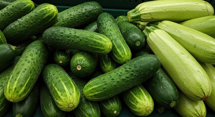 Fresh Cucumbers and Zucchini with Water Droplets Displayed at Farmer's Market, Showcasing Organic Produce and Healthy Eating Choices