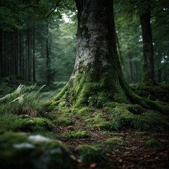 Fototapeta premium Lush green moss covers base of large tree trunk in dense, serene forest, creating tranquil and natural atmosphere