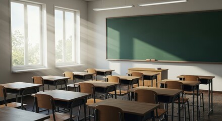 Bright and Inviting Classroom Interior with Desks, Chairs, Black Chalkboard, and Natural Light from Windows in Educational Environment