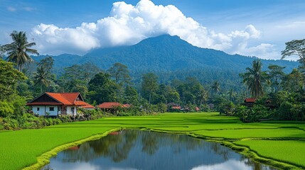 Fototapeta premium Lush green rice paddies, small houses, and a majestic mountain, reflecting in a serene pond, under a vibrant blue sky with fluffy clouds