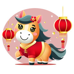 Happy Chinese new year 2026 greeting card with cute horse in red costume. Animal zodiac cartoon character. Happy new year, horse. -Vector