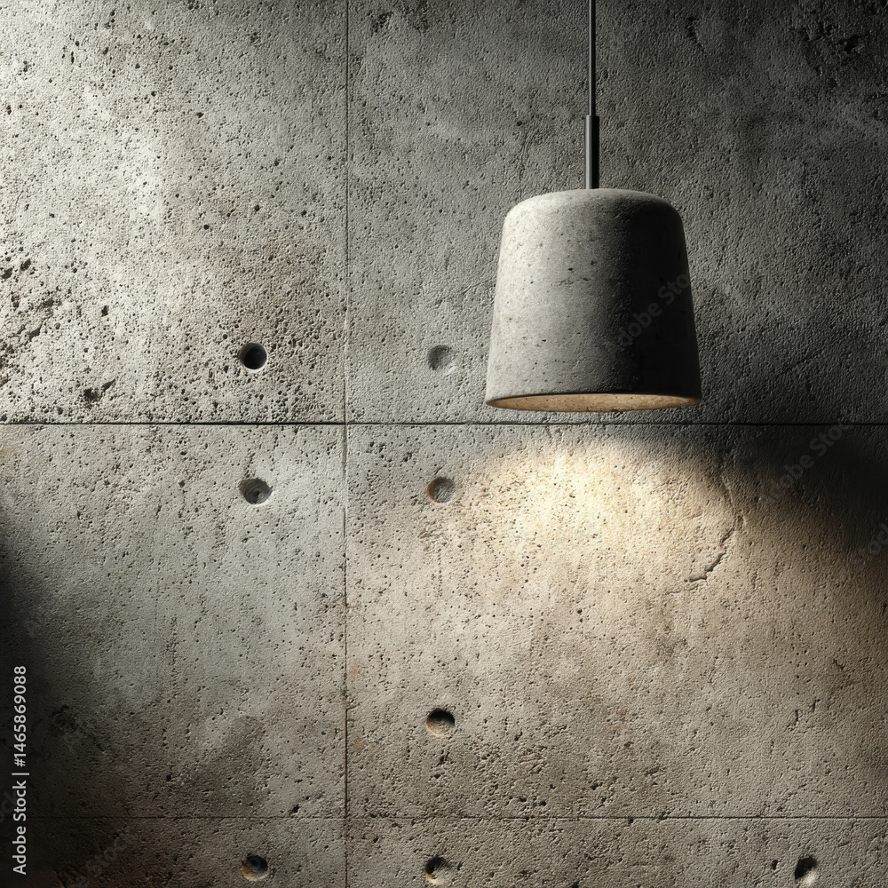 Poster concrete wall with hanging lamp casting soft light, creating calm and muted atmosphere